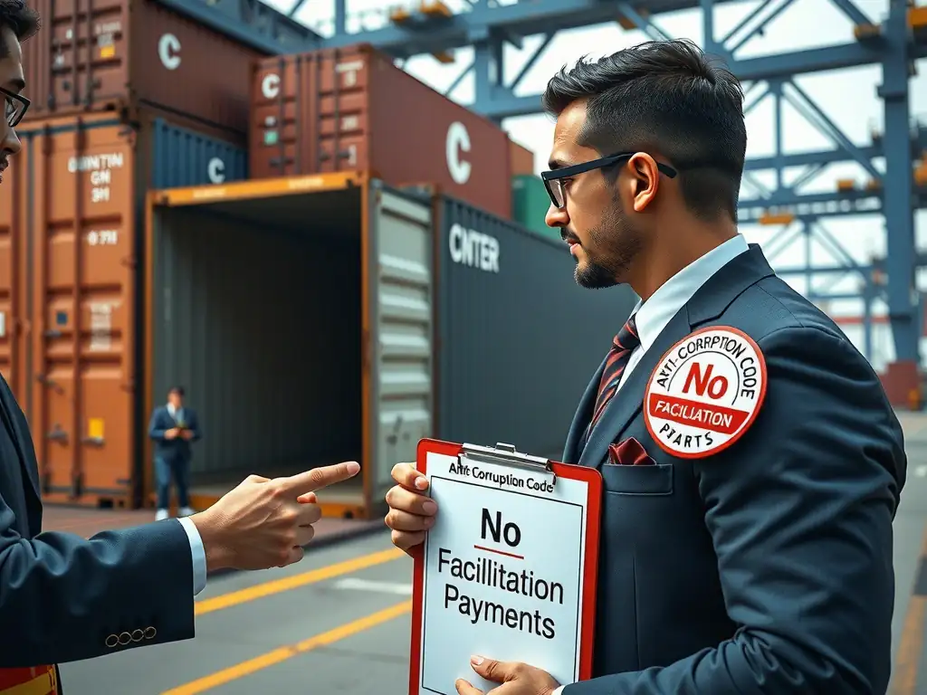 A shipping dock where a customs agent is holding a hand out for money next to a container. The employee points to a badge on their clipboard that says "Anti-Corruption Code: No Facilitation Payments," representing a firm refusal to pay and a commitment to report the interaction.