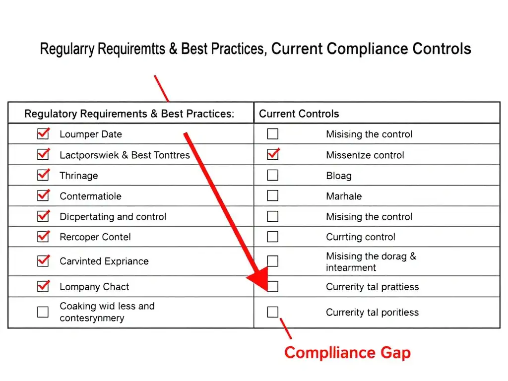 A checklist comparison chart where the left column represents "Regulatory Requirements & Best Practices" and the right column represents "Current Compliance Controls." Red dashed lines connect the rows where there is a missing control or mismatch, labeled "Compliance Gap," showing the focus of the analysis.