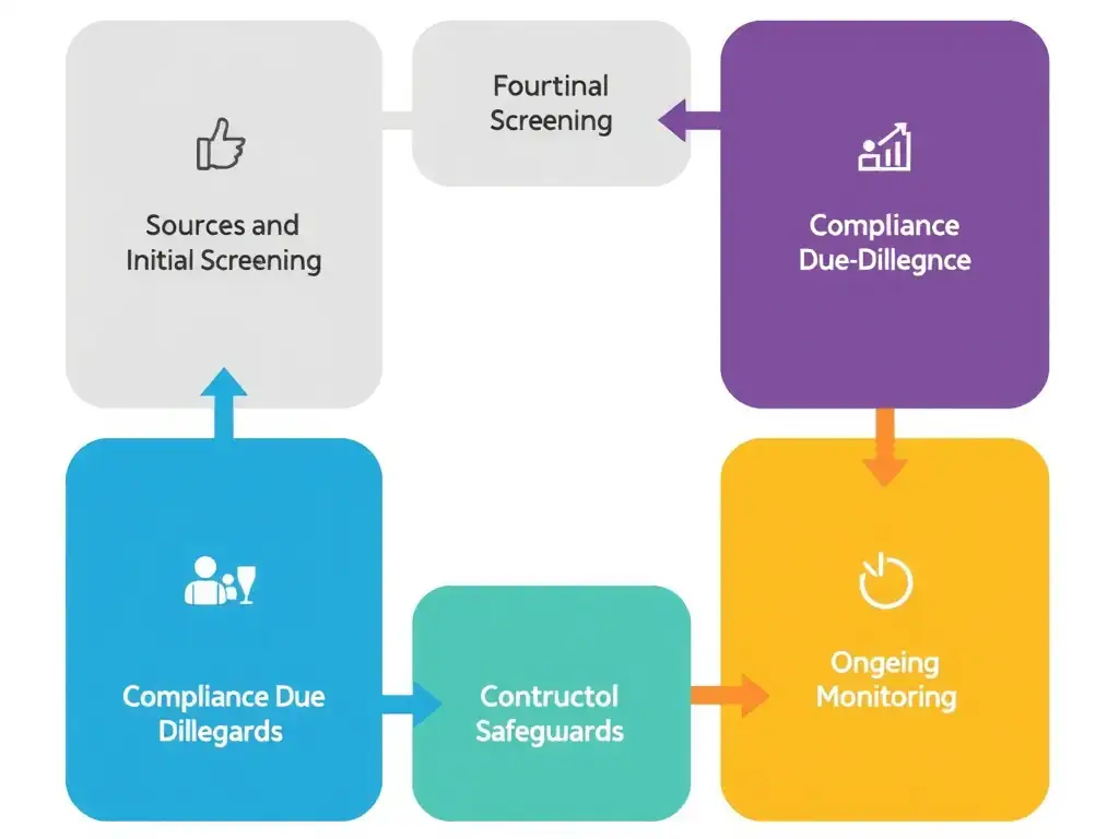 A flowchart depicting the third-party risk management lifecycle: Sourcing and Initial Screening, Compliance Due Diligence, Contractual Safeguards, and Ongoing Monitoring.