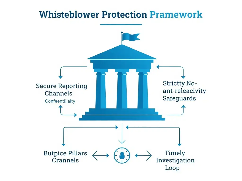 A diagram illustrating the key pillars of a whistleblower protection framework: Secure Reporting Channels, Confidentiality and Anonymity Safeguards, Strict Non-Retaliation Policy, and a Timely Investigation Loop.