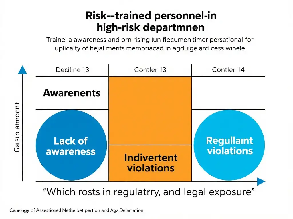 A risk assessment matrix showing the impact of untrained personnel in high-risk departments, highlighting how 'lack of awareness' leads to 'inadvertent violations' which results in 'regulatory and legal exposure'.