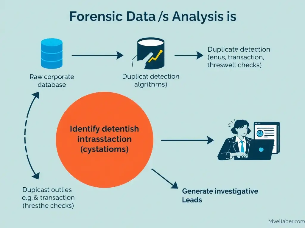 An infographic of the forensic data analysis process: inputting raw corporate databases, running anomaly detection algorithms (e.g., duplicate detection, transaction threshold checks), identifying outliers, and generating investigative leads.