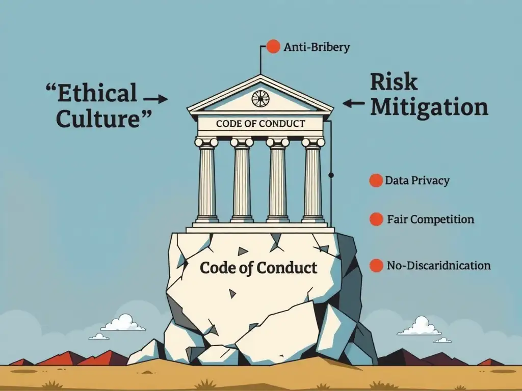 A conceptual illustration showing the 'Code of Conduct' as a solid foundation stone supporting a building labeled 'Ethical Culture' and 'Risk Mitigation', with pillars representing core policies: Anti-Bribery, Data Privacy, Fair Competition, and Non-Discrimination.