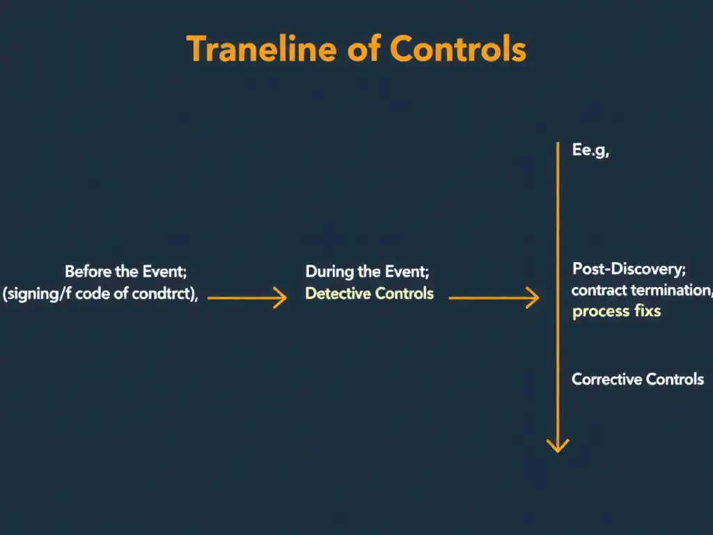 A timeline diagram showing the three stages of controls: Before the Event: Preventive Controls (e.g., signing a code of conduct), During/After the Event: Detective Controls (e.g., transaction audits), and Post-Discovery: Corrective Controls (e.g., contract termination, process fixes).