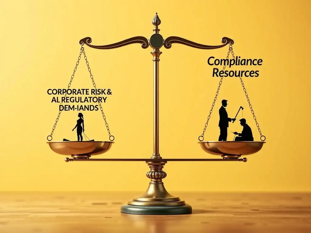 A balance scale with 'Corporate Risk & Regulatory Demands' on one side and 'Compliance Resources (Budget, Staff, Technology, Authority)' on the other, showing them in balance to represent a defensible compliance program.