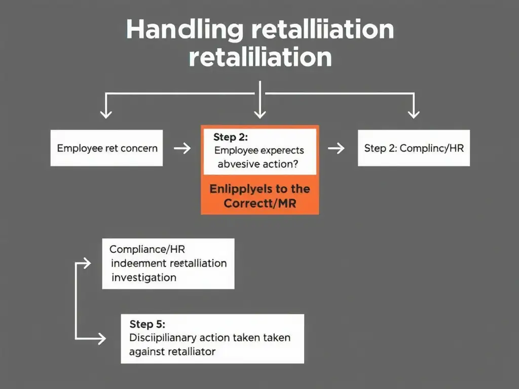 A workflow chart showing the steps of handling retaliation: Step 1: Employee reports concern, Step 2: Employee experiences adverse action, Step 3: Employee contacts Compliance/HR (highlighted as the correct path), Step 4: Compliance/HR conducts independent retaliation investigation, Step 5: Disciplinary action taken against retaliator.