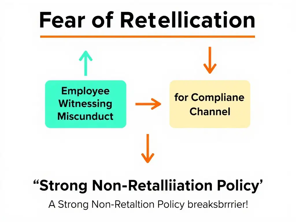 A diagram representing the 'Fear of Retaliation' barrier between an 'Employee Witnessing Misconduct' and the 'Compliance Reporting Channel', showing how a 'Strong Non-Retaliation Policy' breaks down this barrier.