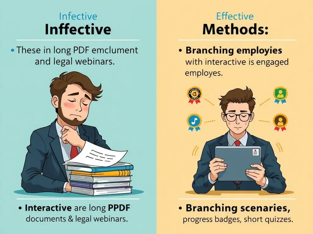 A comparison chart of compliance training methods: 'Ineffective Methods' (showing a sleeping employee next to a stack of long PDF documents and legal webinars) versus 'Effective Methods' (showing an engaged employee using an interactive tablet with branching scenarios, progress badges, and short quizzes).