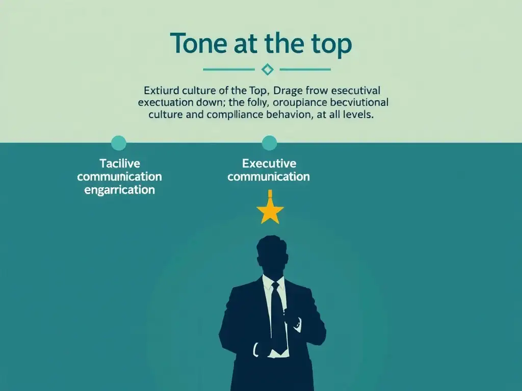 This image should illustrate the flow of ethical culture from executive leadership down to the rest of the organization. It should highlight executive communication (like a town hall speech or policy endorsement) and label it as "Tone at the top," showing how this influence shapes organizational culture and compliance behavior at all levels.