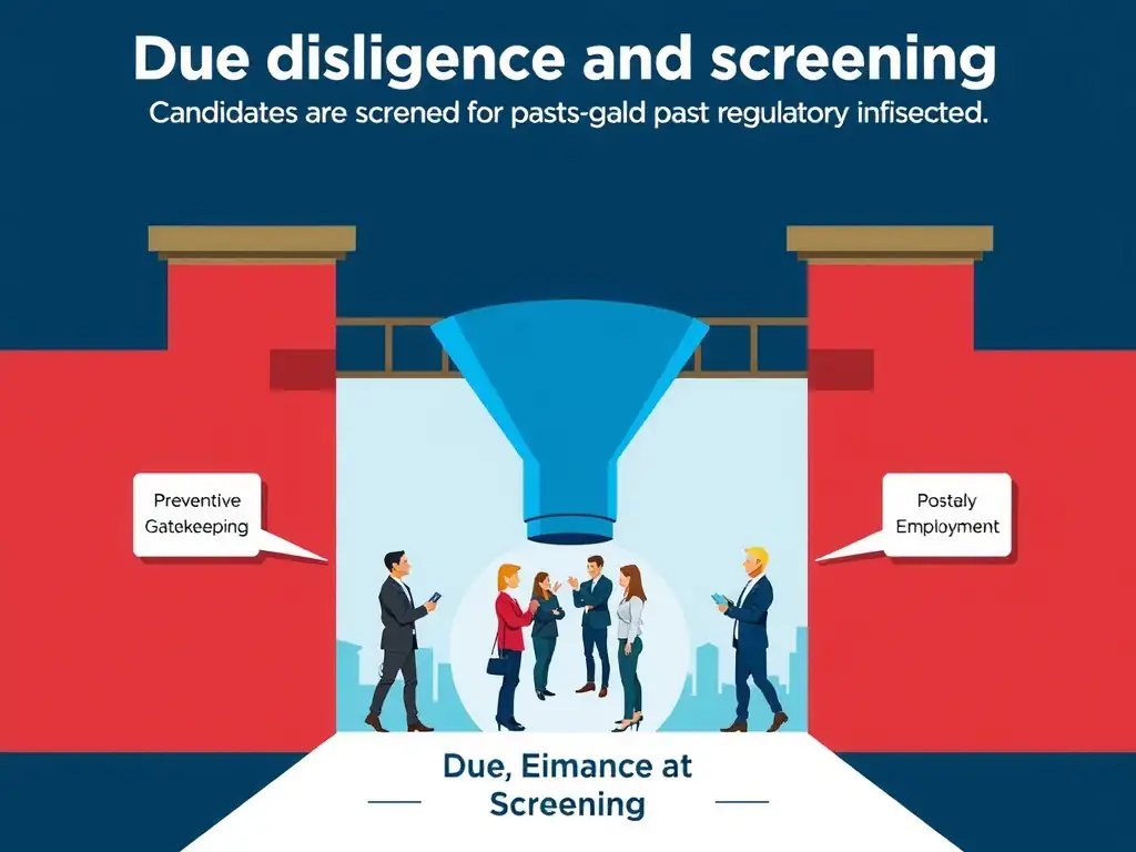 This image should show the distinction between pre-employment screening (preventive gatekeeping) and post-employment activities. It should illustrate a vetting funnel or gate where candidates are screened for past regulatory infractions, and label this as "Due diligence and screening," highlighting it as a crucial gatekeeper control in compliance.