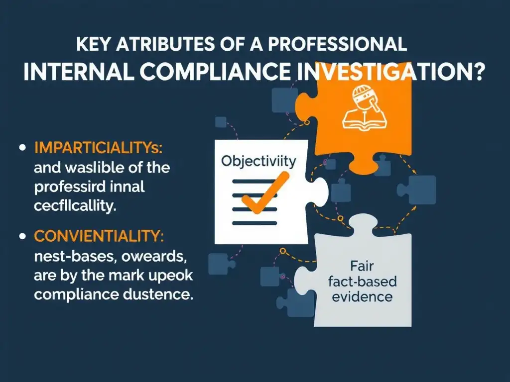 This image should show the key attributes of a professional internal compliance investigation. It should feature a checklist or puzzle pieces labeled "Impartiality," "Objectivity," "Confidentiality," and "Fact-based evidence," indicating how these components work together to support a fair compliance investigation.