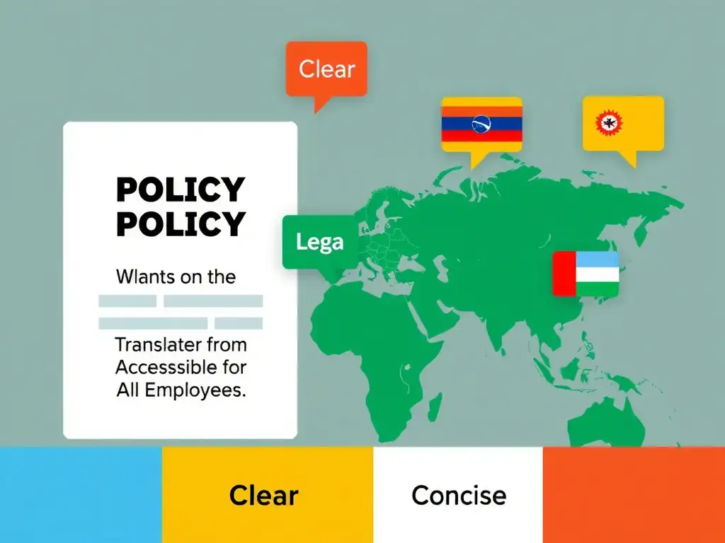 This image should illustrate global communication of a policy. It should feature a policy document translating into multiple world languages, accompanied by keywords like "Clear," "Concise," and "Accessible to All Employees," highlighting the transition from complex legal concepts to globally readable guidelines.