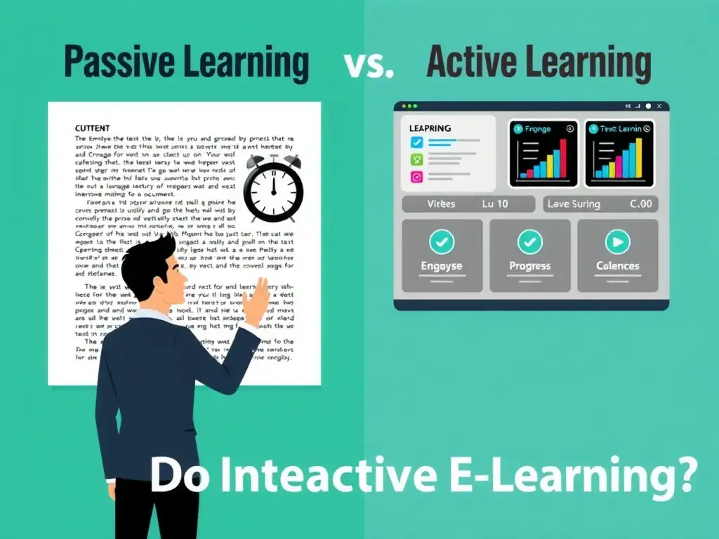 This image should compare passive learning vs. active learning. On one side, show a bored employee looking at a giant text document or timer. On the other side, show an engaged employee interacting with a dynamic digital scenario with choices, progress bars, and quiz checkpoints, highlighting "Interactive E-Learning" as the superior method.