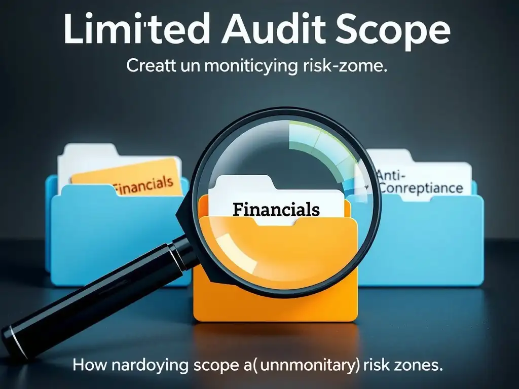 This image should show a magnifying glass focusing on a small folder labeled "Financials" while completely ignoring adjacent, larger folders labeled "Data Privacy," "Anti-Corruption," and "Trade Compliance." The magnifying glass should be labeled "Limited Audit Scope," visually demonstrating how narrowing the scope creates unmonitored risk zones.