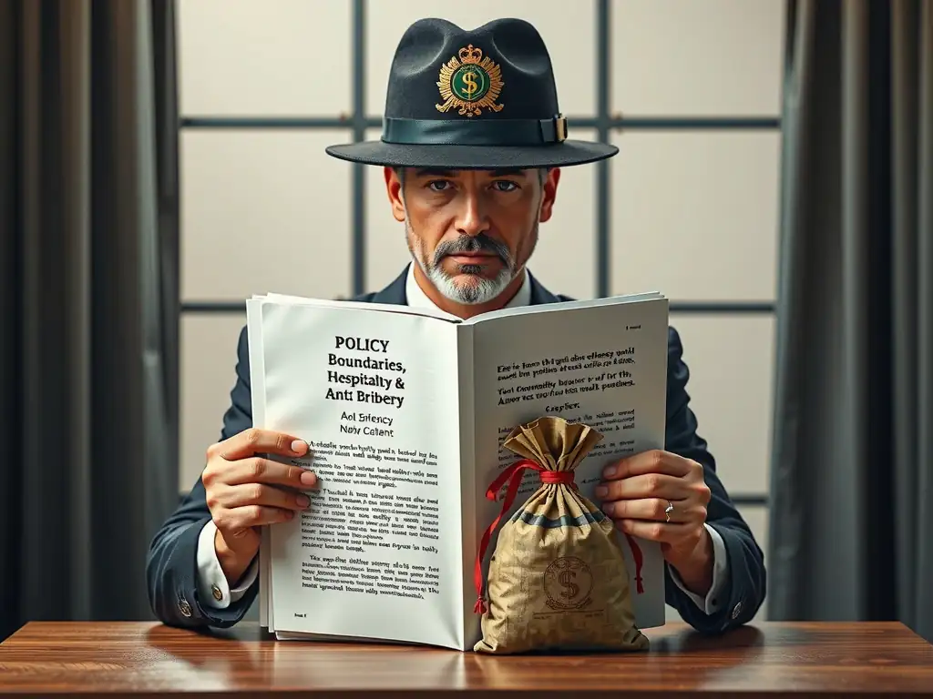 This image should show a compliance gatekeeper reviewing a policy document that contains clear boundaries and rules for "Gifts," "Hospitality," and "Anti-Bribery." The gatekeeper is blocking a bag of cash, demonstrating how a strong preventive policy acts as a barrier to corruption.
