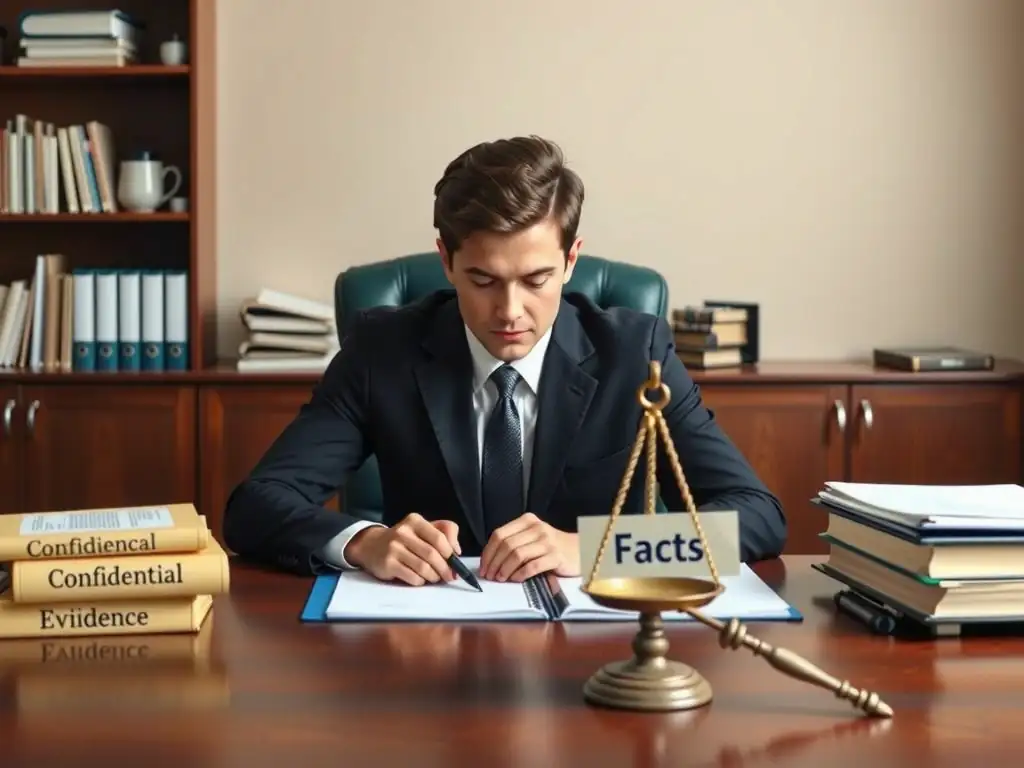 This image should show a compliance investigator working at a desk with folders marked "Confidential" and a scale of justice balancing "Facts" and "Evidence," representing the objective, quiet, and fact-focused nature of a professional internal investigation.