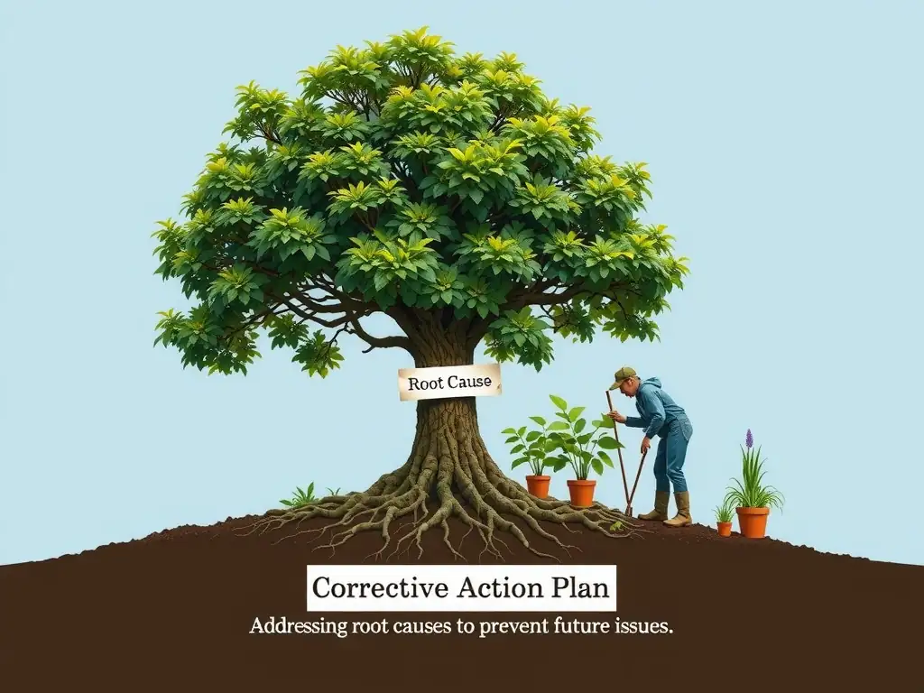 This image should show a root cause analysis process. It should depict a tree where the roots represent the "Root Cause" of a problem, and a gardener is addressing the roots to heal the tree, with a label indicating "Corrective Action Plan: Addressing root causes to prevent future issues."