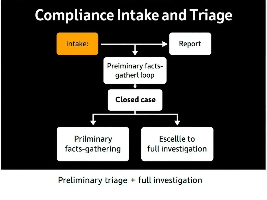 A workflow diagram illustrating the compliance intake and triage process, highlighting the initial intake of a vague report, followed by a preliminary facts-gathering review loop, leading to a decision point (either close case or escalate to full investigation), emphasizing the separation of preliminary triage and full investigation.