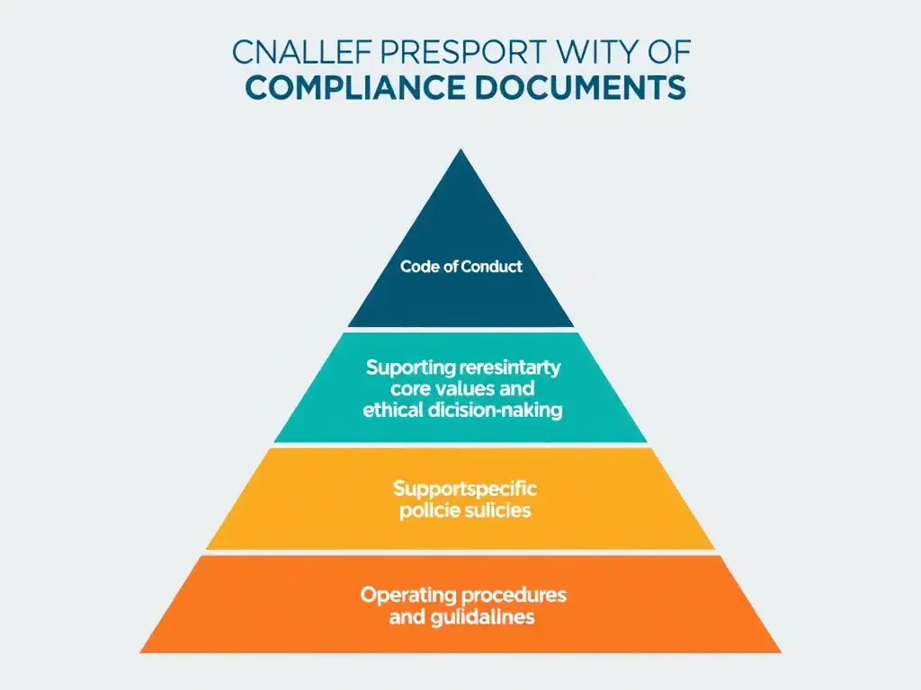 A pyramid diagram showing the hierarchy of compliance documents, with the Code of Conduct at the foundation representing core values and ethical decision-making, supporting specific policies, which in turn support operating procedures and guidelines.