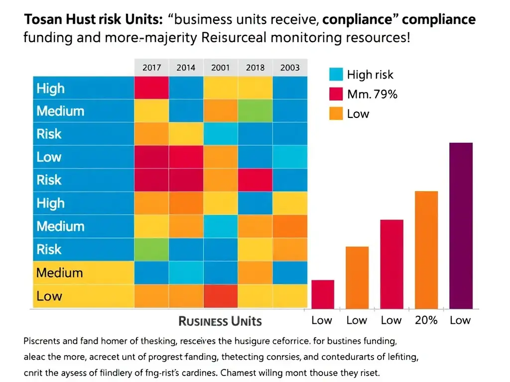 A heat map visual showing different business units categorized by risk levels (high, medium, low) alongside resource allocation bars, illustrating that high-risk units receive the majority of compliance funding and monitoring resources.