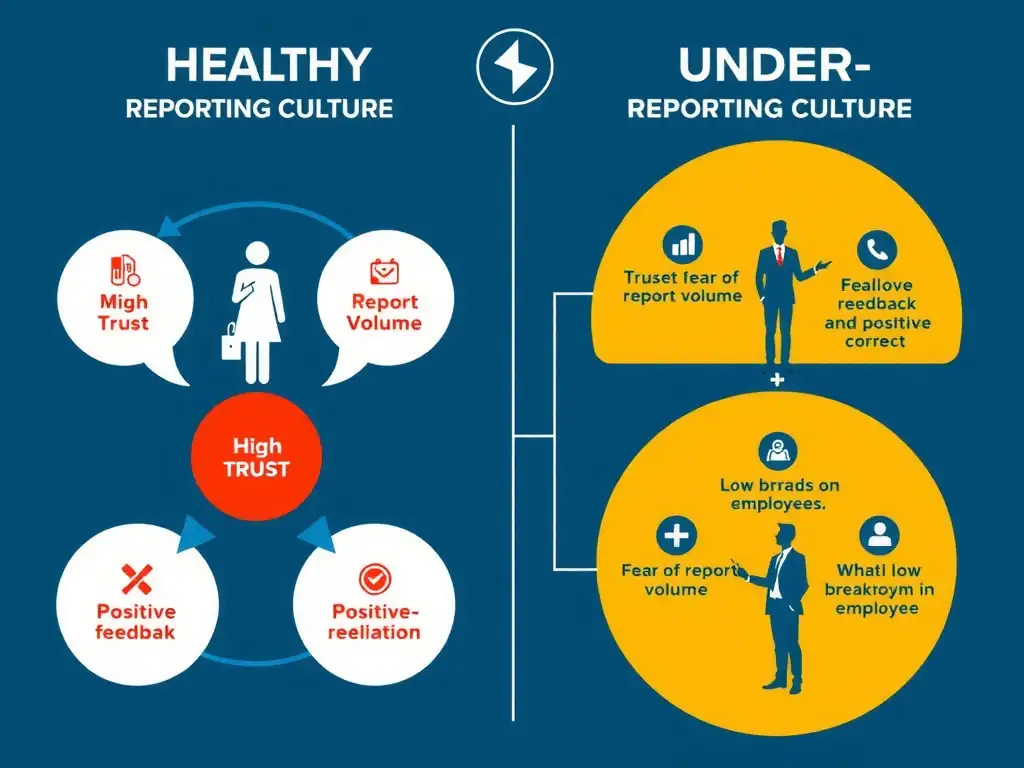 A diagnostic chart contrasting a "Healthy Reporting Culture" (showing high trust, robust report volume, and positive feedback loop) with an "Under-Reporting Culture" (showing fear of retaliation, low report volume, and a breakdown in employee trust).