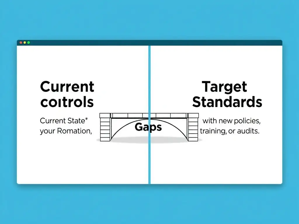 A split-screen diagram showing "Current State" controls on one side and "Target Regulatory Standards" on the other, with a bridge highlighting the "Gaps" that need to be filled with new policies, training, or audits.