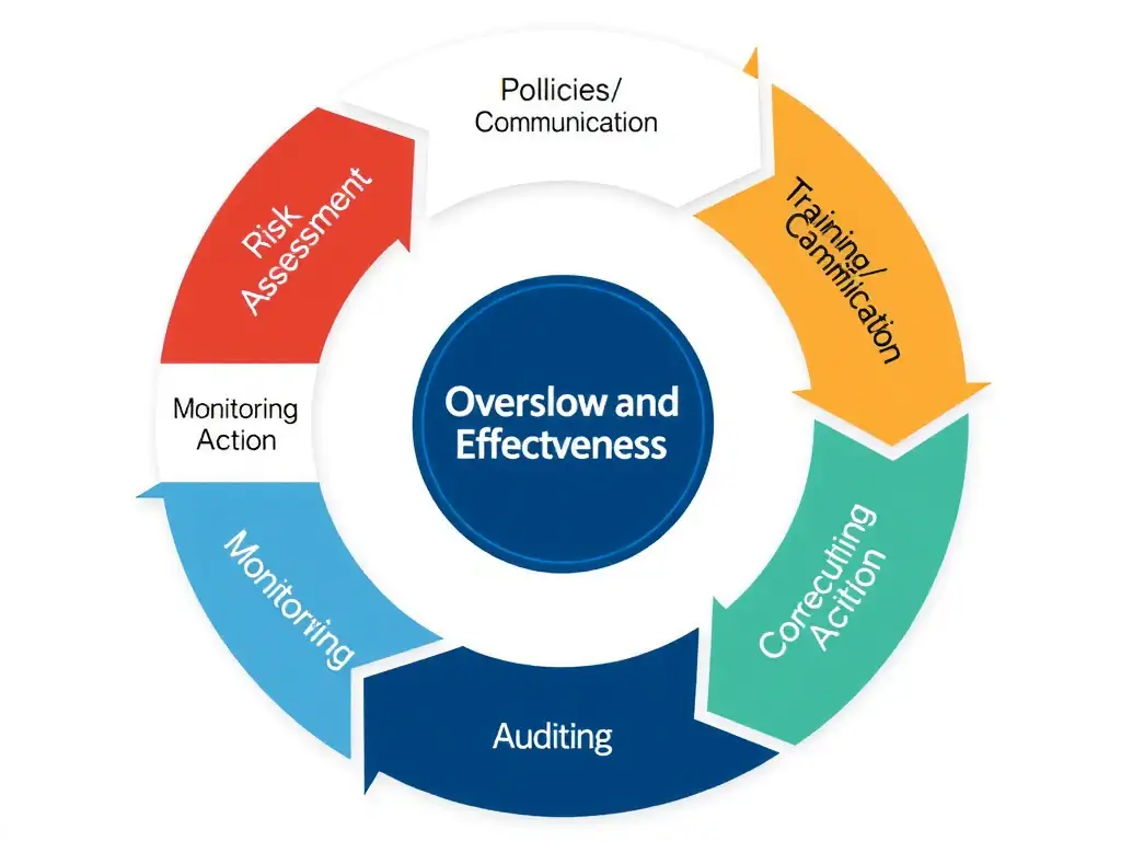 A cyclical flow chart representing the core components of a Compliance Management System (CMS): Risk Assessment, Policies/Procedures, Training/Communication, Monitoring/Auditing, and Corrective Action, all orbiting a central hub of "Oversight and Effectiveness."