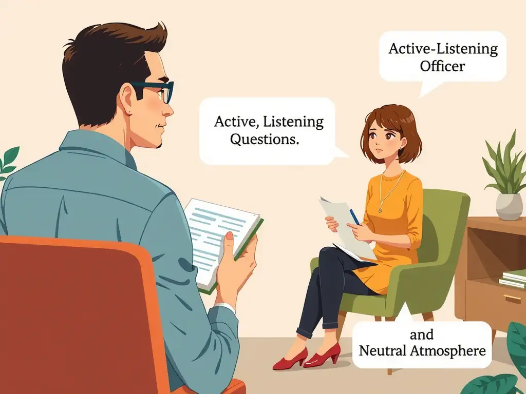 An illustration of an interview setting showing a compliance officer using an open, non-threatening posture, taking notes, and listening actively to a witness, with bullet points emphasizing "Active Listening," "Open-Ended Questions," and "Neutral Atmosphere."