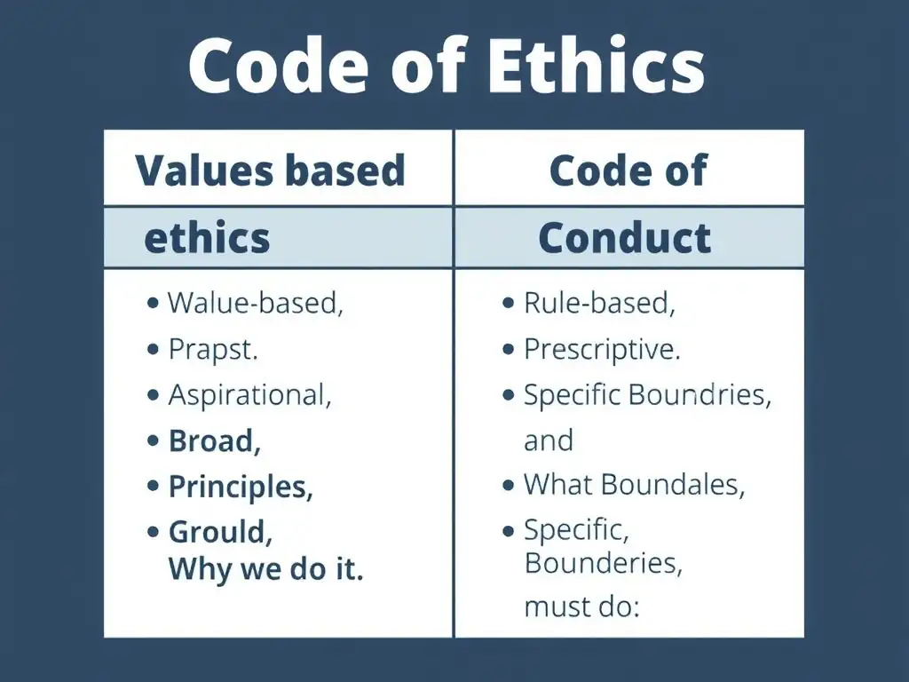 A comparison chart contrasting the Code of Ethics (with keywords like "Values-based," "Aspirational," "Broad Principles," and "Why we do it") with the Code of Conduct (with keywords like "Rule-based," "Prescriptive," "Specific Boundaries," and "What we must do").