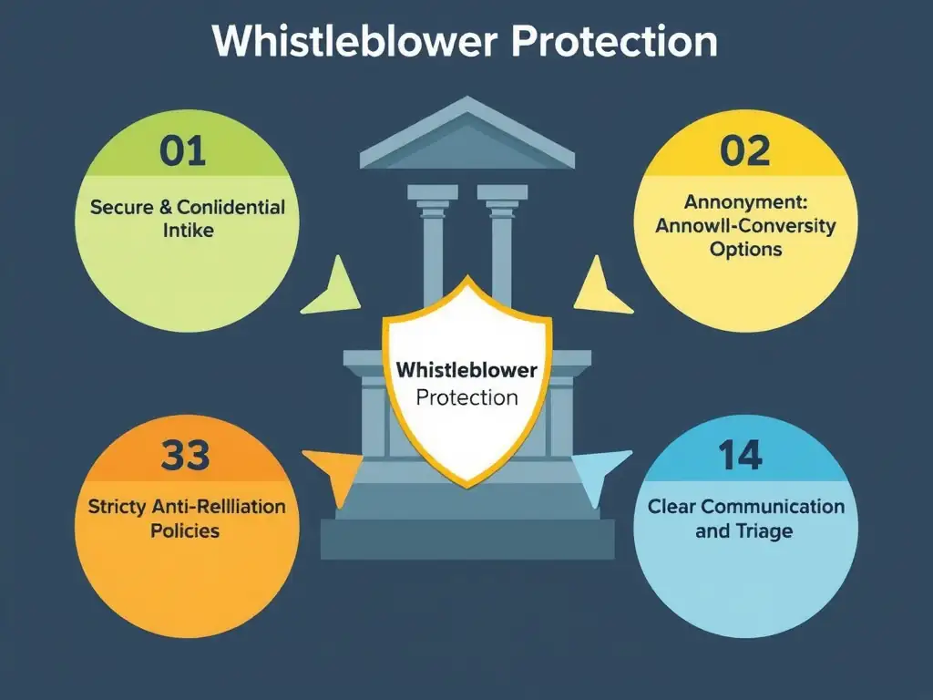 A diagram illustrating the key pillars of whistleblower protection, including: 1) Secure & Confidential Intake, 2) Anonymity Options, 3) Strict Anti-Retaliation Policies, and 4) Clear Communication and Triage, all reinforcing a central shield icon representing "Whistleblower Protection."