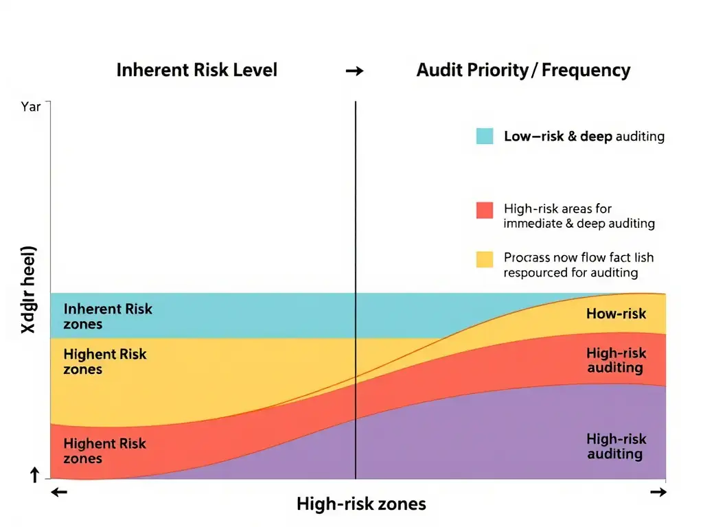 A matrix showing "Inherent Risk Level" (X-axis) and "Audit Priority / Frequency" (Y-axis), with high-risk areas designated for immediate and deep auditing, showing how resources flow from low-risk zones to high-risk zones.