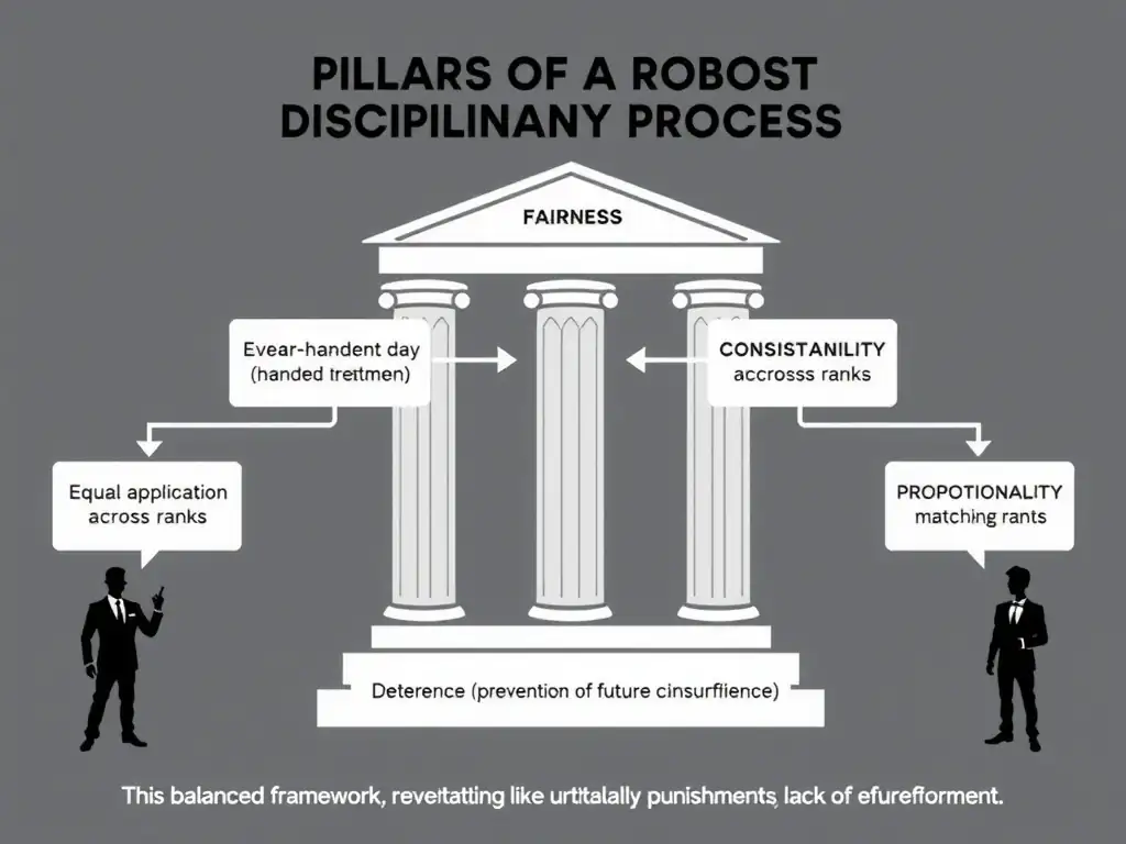 A flowchart or diagram showing the pillars of a robust disciplinary process: Fairness (even-handed treatment), Consistency (equal application across ranks), Proportionality (punishment matching the severity of the offense), and Deterrence (prevention of future misconduct). The visual should contrast this balanced framework with unbalanced approaches like arbitrary punishment or lack of enforcement.