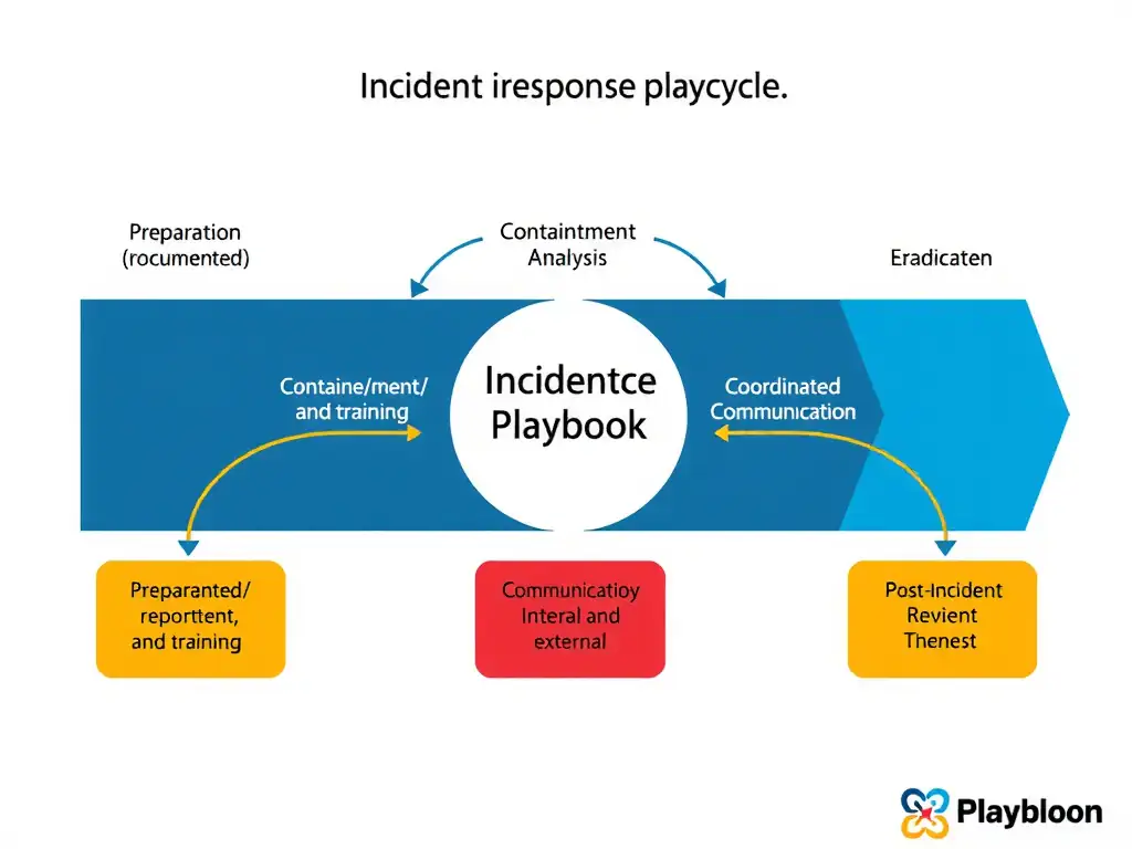 A conceptual lifecycle diagram of an incident response process, showing key phases: Preparation (documented plans and training), Detection/Reporting, Containment/Analysis, Eradication, and Coordinated Communication (internal and external), concluding with Post-Incident Review. The visual should highlight the central role of a predetermined playbook.