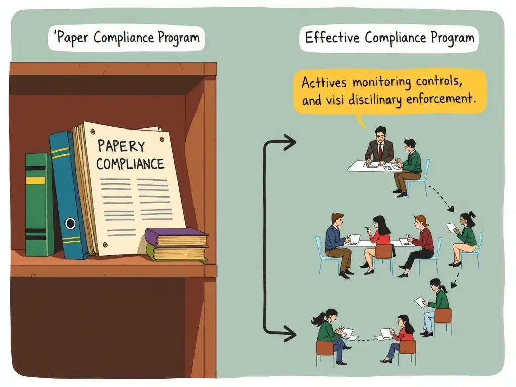 An illustration depicting the transition from a 'Paper Compliance Program' (represented by a dusty policy binder on a shelf) to an 'Effective Compliance Program' (represented by active training sessions, local monitoring controls, and visible disciplinary enforcement). The image should highlight the gap between policy design and operational reality.