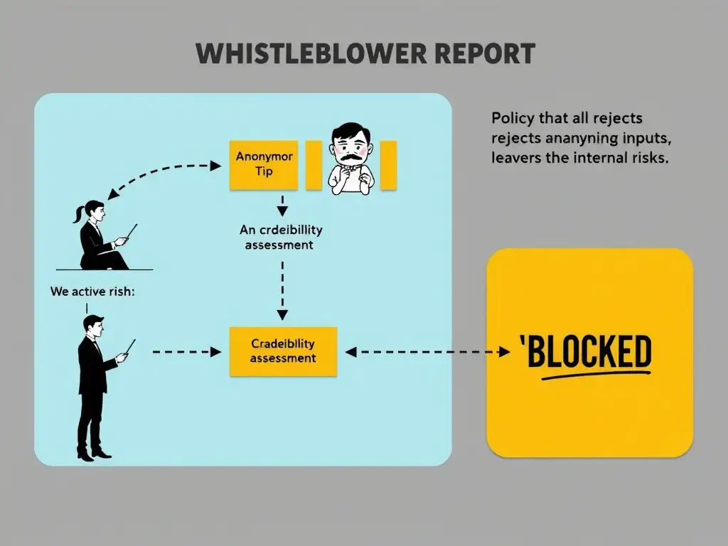 A diagram illustrating the flow of a whistleblower report, showing how an anonymous tip enters the system, undergoes a credibility assessment, and leads to an investigation. The visual should contrast this active flow with a 'blocked' path representing a policy that rejects anonymous inputs, leaving the organization blind to internal risks.
