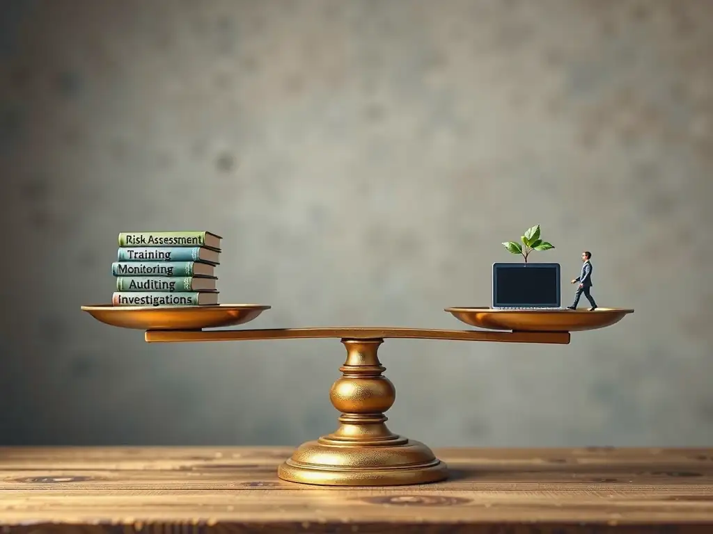 A balance scale showing compliance responsibilities on one side (Risk Assessment, Training, Monitoring, Auditing, Investigations) balanced against resources on the other side (Budget, Staff, Technology, Authority). The image represents how insufficient resources lead to a collapsing or ineffective compliance function.