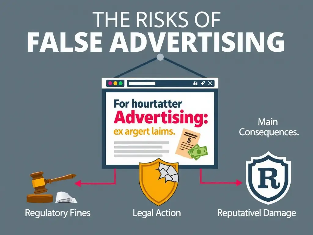 A visual highlighting the risks of false advertising: an advertisement showing exaggerated claims, connected via red danger lines to three main consequences: Regulatory Fines (represented by a gavel and money symbols), Legal Action (represented by court documents), and Reputational Damage (represented by a broken shield or cracked logo).