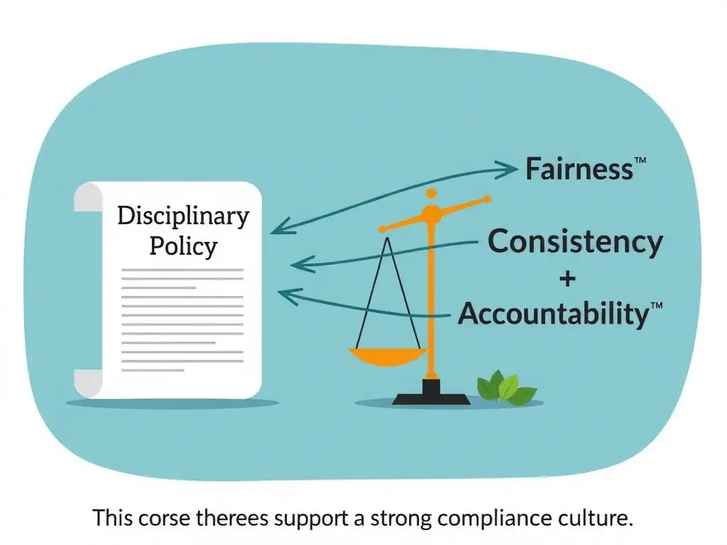 A conceptual illustration representing a fair disciplinary process, featuring a balanced scale of justice next to a document labeled 'Disciplinary Policy'. Arrows point from the policy to 'Fairness', 'Consistency', and 'Accountability', showing how these three elements support a strong compliance culture.
