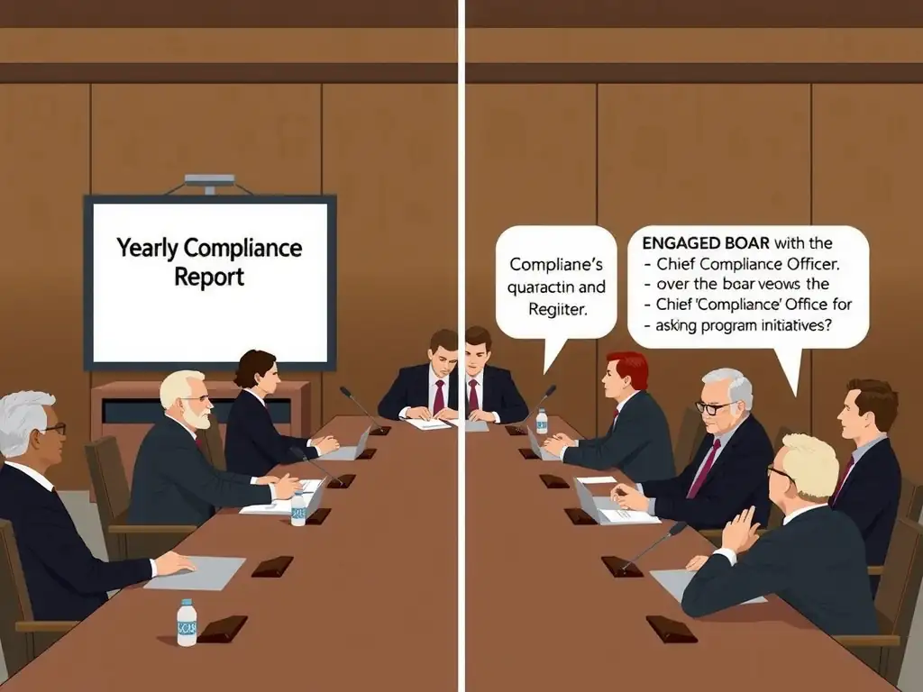 A split-screen illustration showing two boardrooms. One boardroom depicts a passive board looking at a slide labeled 'Yearly Compliance Report' with disinterest. The other boardroom shows an engaged board actively discussing a 'Compliance Risk Register' with the Chief Compliance Officer, asking questions and reviewing program initiatives.
