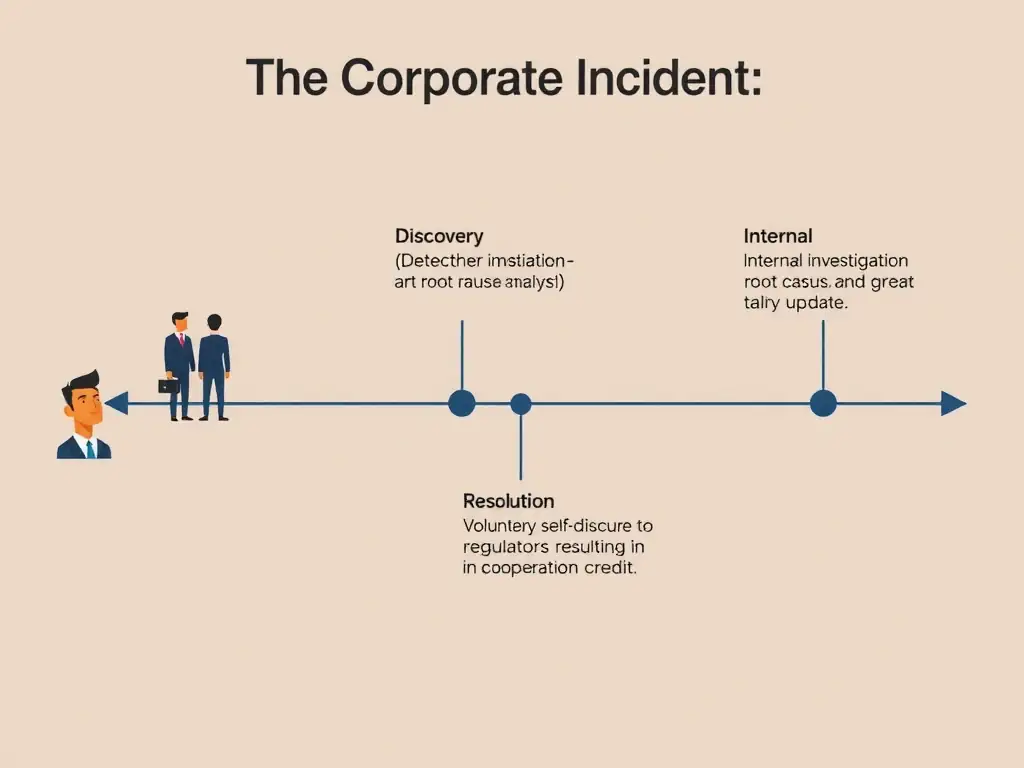 A conceptual timeline of a corporate incident, showing three key phases: Discovery (detecting the issue), Internal Investigation (fact-gathering and root cause analysis), and Resolution (remediation, policy update, and voluntary self-disclosure to regulators resulting in cooperation credit).