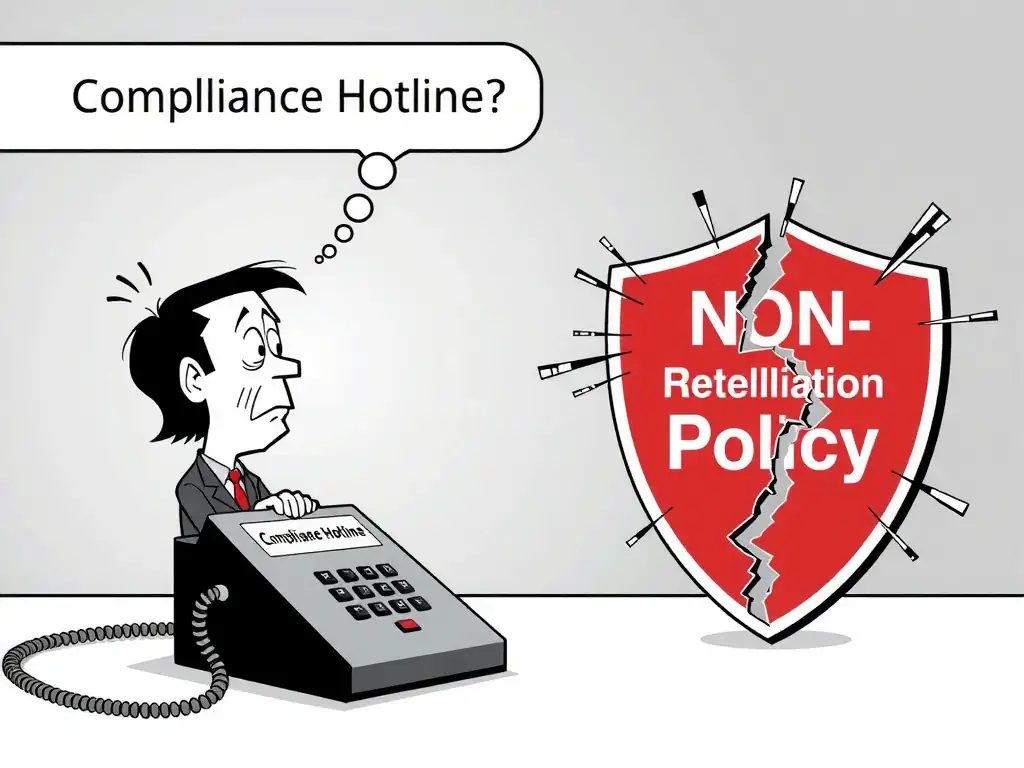 A graphic showing a whistleblower looking at a hotline telephone with hesitation, with a thought bubble depicting fear of getting fired. The phone is labeled 'Compliance Hotline', and a shield representing 'Non-Retaliation Policy' is cracked, symbolizing a breakdown in the ethical culture.