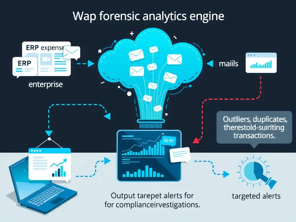 Visual flow showing data ingestion from multiple enterprise systems (ERP, emails, travel expenses) funneling into a forensic analytics engine. The engine highlights outliers, duplicates, and threshold-skirting transactions, outputting targeted alerts for compliance investigators.
