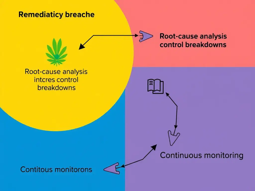 A diagram illustrating the remediation cycle: beginning with the detection of a regulatory breach, moving to a root-cause analysis that identifies control breakdowns, followed by the deployment of targeted corrective controls, and ending with continuous monitoring.