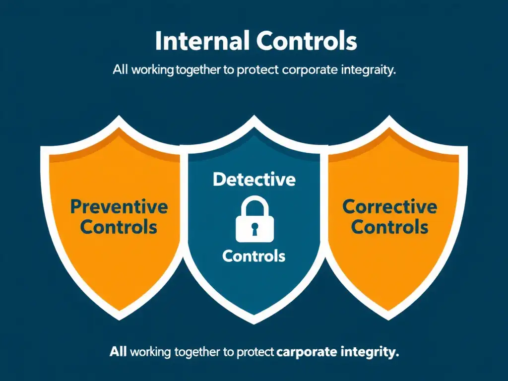 A three-part security shield diagram illustrating the categories of internal controls: 'Preventive Controls' (locking the gate/policies), 'Detective Controls' (surveillance/monitoring), and 'Corrective Controls' (remediation/incident response), all working together to protect corporate integrity.
