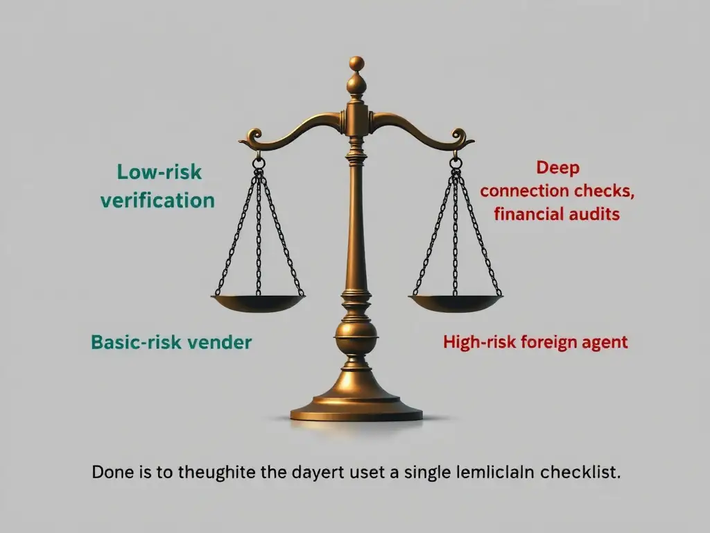 A scales of justice or risk matrix comparison showing a low-risk vendor (basic verification) balanced against a high-risk foreign agent (deep background screening, political connection checks, financial audits), highlighting the danger of using a single identical checklist for both.