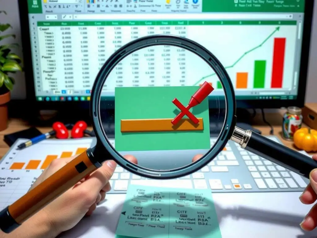 A magnifying glass hovering over a computer screen displaying spreadsheet cells and graphs. The magnifying glass highlights anomalous, red-flagged cells (e.g., mismatched amounts, odd timestamps) amidst thousands of normal green cells.