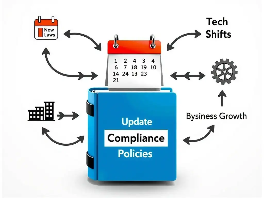 A calendar symbol transitioning into a gear system that updates a binder labeled 'Compliance Policies'. Arrows indicate dynamic inputs like 'New Laws', 'Tech Shifts', and 'Business Growth' updating the policies continuously.