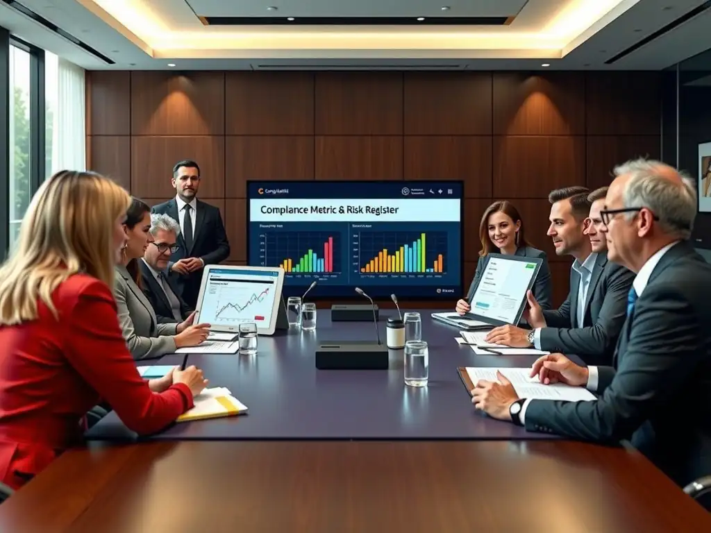 A board room meeting where board members are actively reviewing a dashboard labeled 'Compliance Metrics & Risk Register' alongside the Chief Compliance Officer and the Internal Audit Director, showing collaborative, high-level governance.
