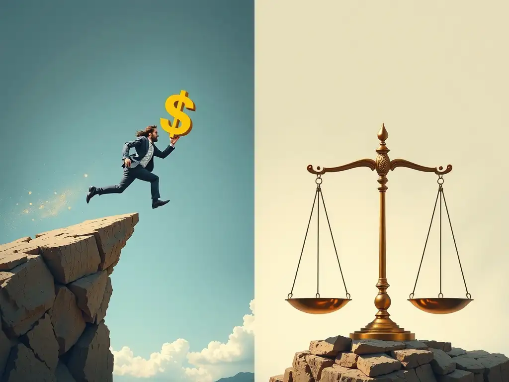 A split illustration: one side shows a sales representative chasing a dangling dollar sign off a cliff (representing blind pursuit of revenue), while the other side shows a balanced scale weighing financial targets on one side and compliance checkpoints/ethical behavior on the other.