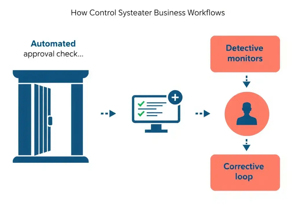 A flowchart showing a transaction passing through a preventive gate (automated approval check), a detective monitor (reconciliation review), and a corrective loop (issue resolution), illustrating how controls systematically protect business workflows.